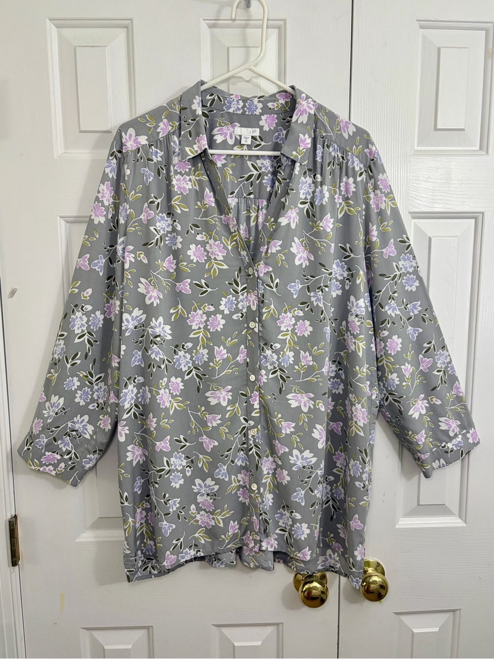 J. Jill Gray Pastel Floral Button Down V-Neck Blouse Top XL Tall